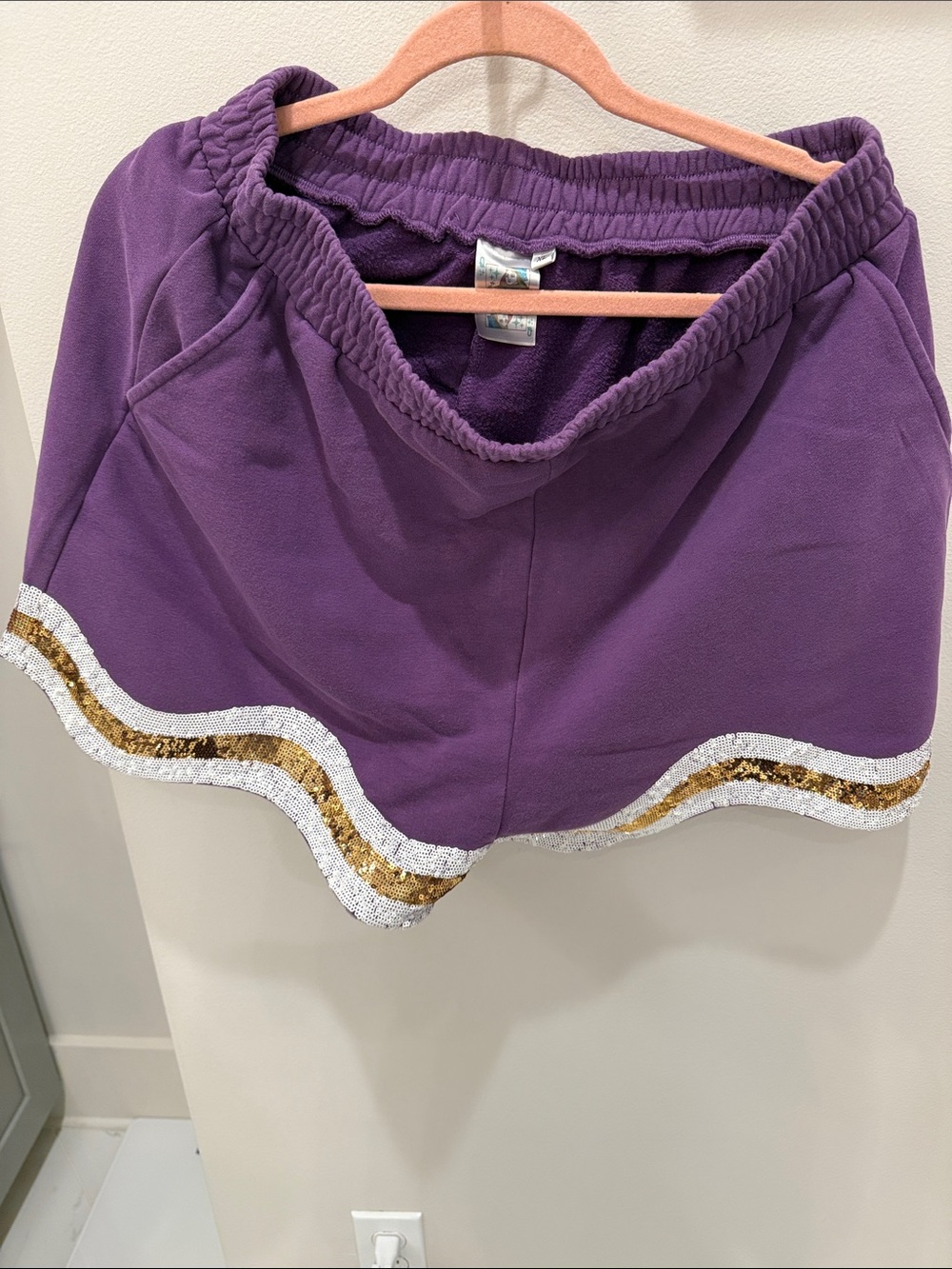 QUEEN OF SPARKLES Purple Shorts with Gold & White Sequin Trim